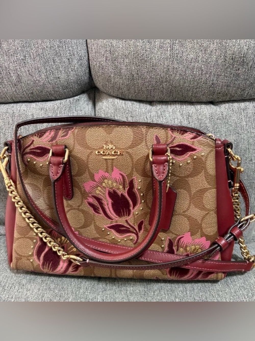 Coach Brown Canvas Floral Dome Satchel with Pink Accents